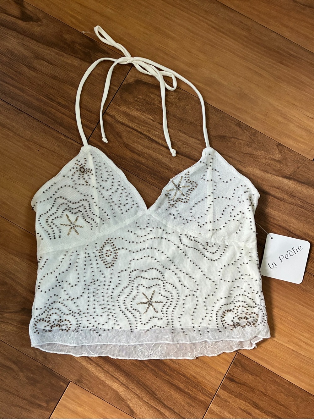 La Peche Babydoll White Sequin Mesh Halter Top XL Y2K Style Cropped Mesh Tank